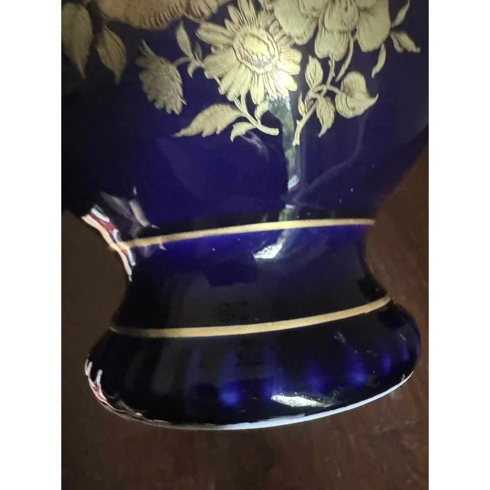 Bareuther Waldsassen Echt Cobalt Blue‎ Vase 22K Gold Floral Rose Sunflower 9.5
